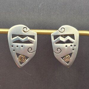 VTG Sterling Silver Abstract Post Earrings 1" Gold Accent Swirl 4.72g